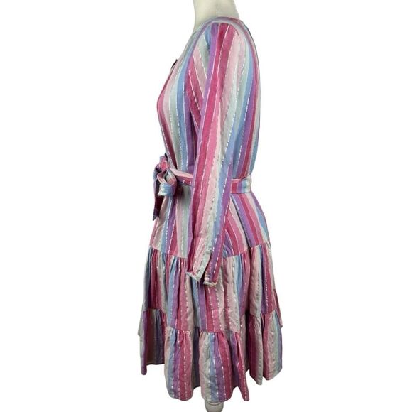 J. Crew Belted Button-up Dress in Pastel Stripe Rainbow Pink Purple SZ XS AP188 - Picture 8 of 16